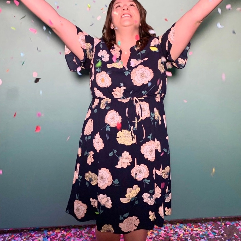 Loft Outlet - Navy Blue A-Line Midi Dress w. Pink & Yellow Flowers - Size XL